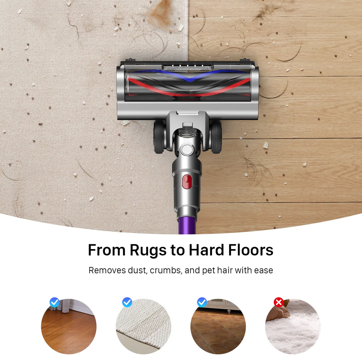 CUZMOK Cordless Vacuum Cleaner | 180W Brushless Motor, Self-Stick Vacuum with Anti-Tangle Brush & LED Light, Detachable for Home, Pet Hair & Car